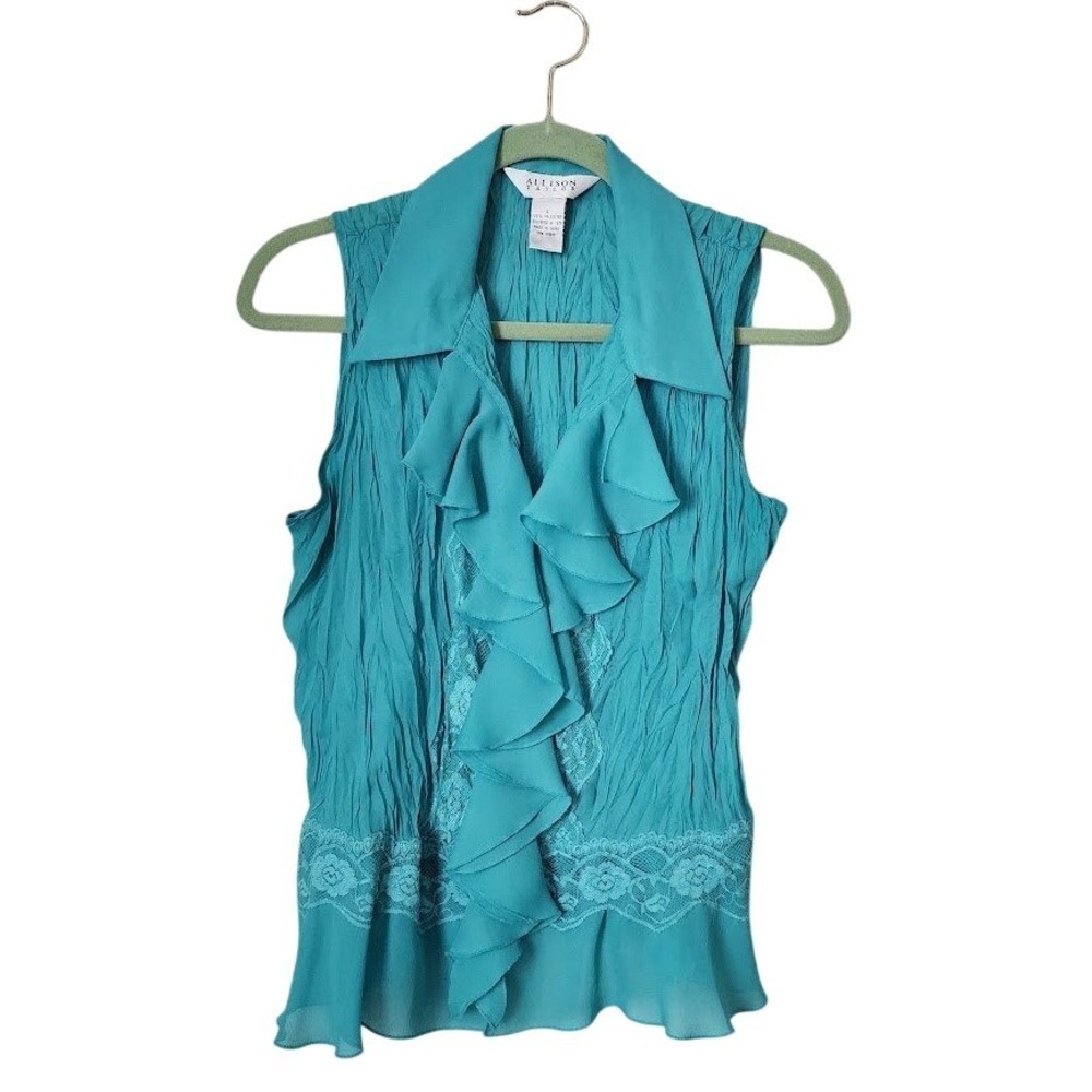 ALLISON TAYLOR Y2K Crinkle Ruffle Lace Sleeveless Top Blue Fairycore McBling L